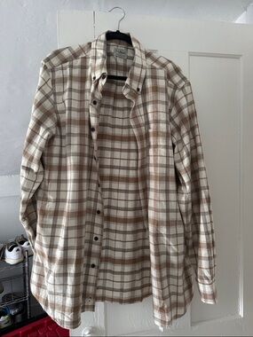 L.L. Bean Men's Cream and Tan Plaid Button-Down Shirt